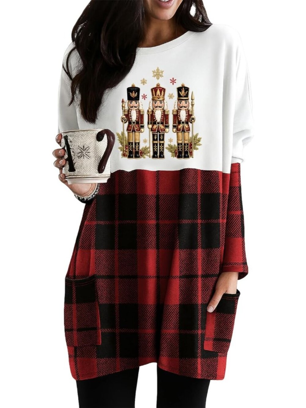 🎄Women's Nutcracker Soldier Long Sleeve Casual Plaid Sweatshirt Pockets Dresses